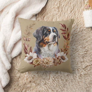 Bernese Mountain Dog Autumn Wreath Throw Pillow
