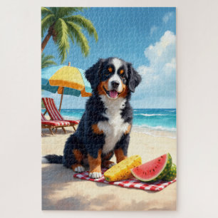 Bernese Mountain Dog Beach Picnic Scene Jigsaw Puzzle
