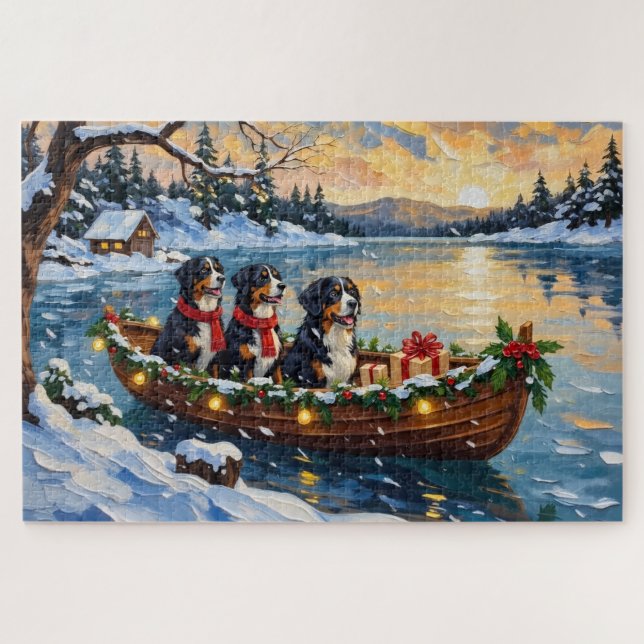 Bernese Mountain Dog Christmas Boat Holiday Jigsaw Puzzle (Horizontal)