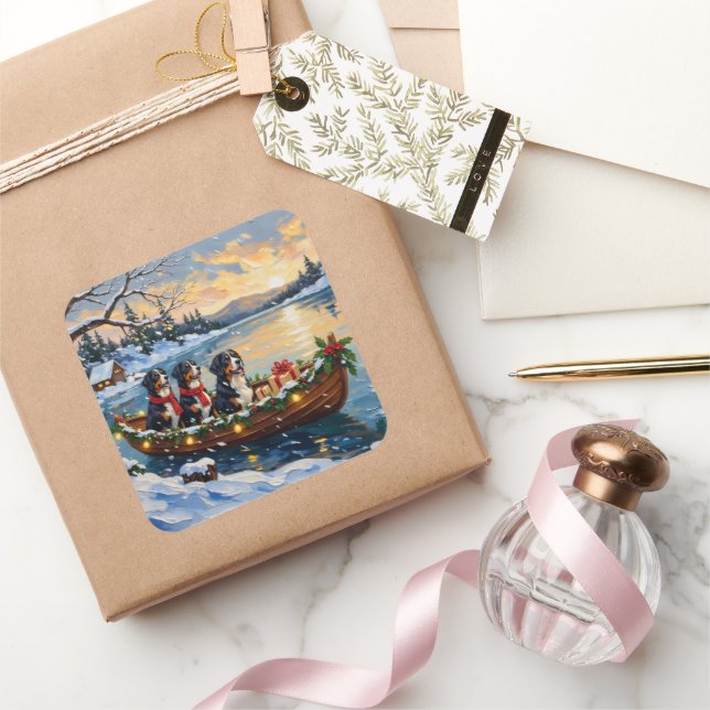 Bernese Mountain Dog Christmas Boat Holiday Square Sticker (Gifting)