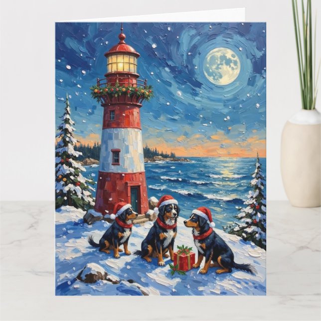 Bernese Mountain Dog Christmas Lighthouse Holiday Card (Front)