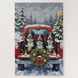 Bernese Mountain Dog Christmas Red Truck Holiday Jigsaw Puzzle