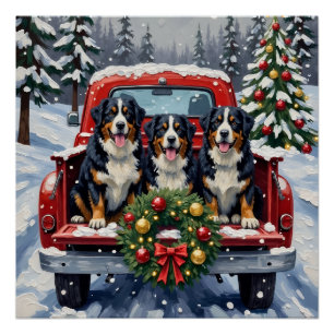 Bernese Mountain Dog Christmas Red Truck Holiday Poster