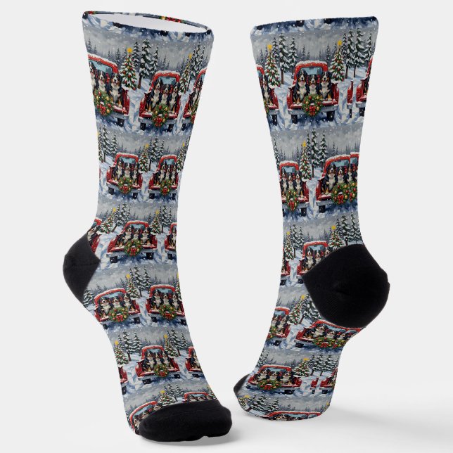 Bernese Mountain Dog Christmas Red Truck Holiday Socks (Angled)