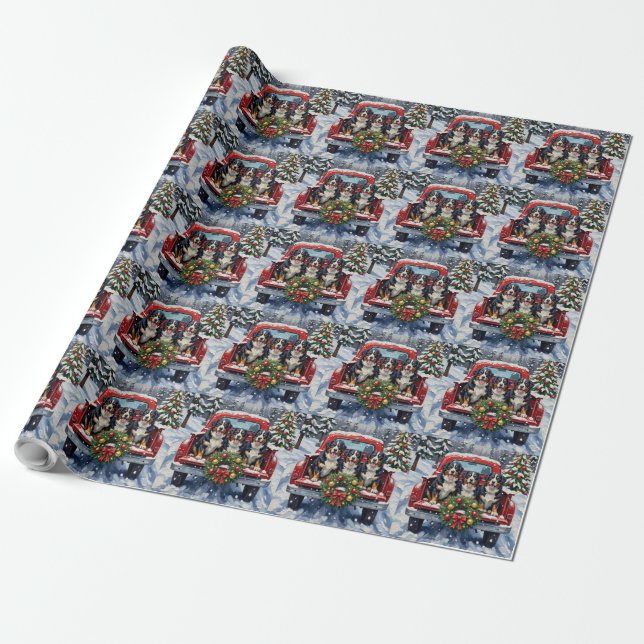 Bernese Mountain Dog Christmas Red Truck Holiday Wrapping Paper (Unrolled)
