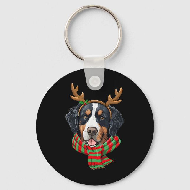Bernese Mountain Dog Christmas Reindeer Santa Hat  Keychain (Front)
