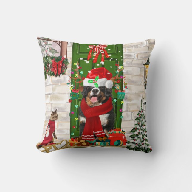 Bernese Mountain Dog Christmas Throw Pillow (Front)