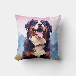Bernese Mountain dog colorful watercolor artwork Throw Pillow