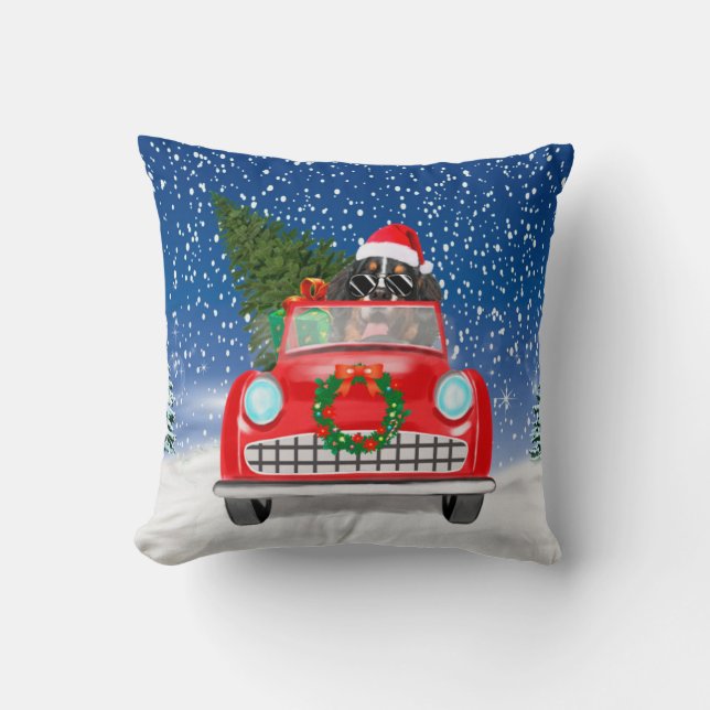 Bernese Mountain Dog Driving Car In Snow Christmas Throw Pillow (Front)