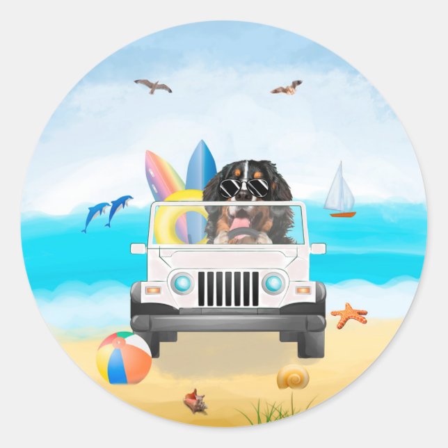 bernese mountain Dog Driving on Beach Classic Round Sticker (Front)