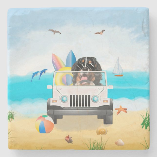 bernese mountain Dog Driving on Beach Stone Coaster (Front)