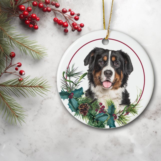 Bernese Mountain Dog Evergreen Berry Wreath Ceramic Ornament (Creator Uploaded)