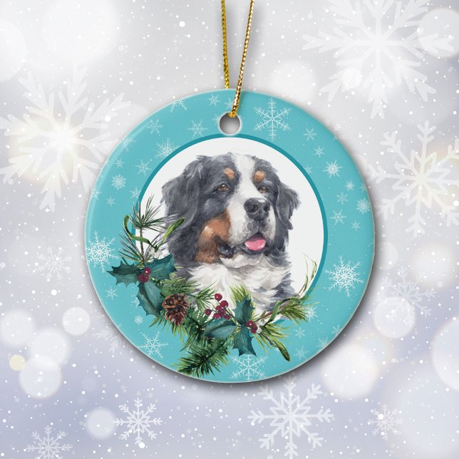 Bernese Mountain Dog Evergreen Snowflake Border Ceramic Ornament (Creator Uploaded)
