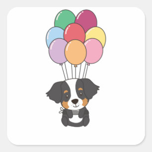Bernese Mountain Dog Flies With Colourful Balloons Square Sticker