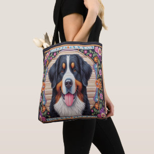 Bernese Mountain Dog Floral Colourful Border Tote Bag