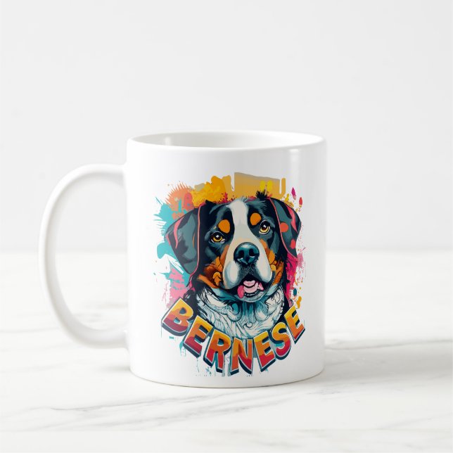Bernese Mountain Dog Head Vibrant Colour Splash Coffee Mug (Left)