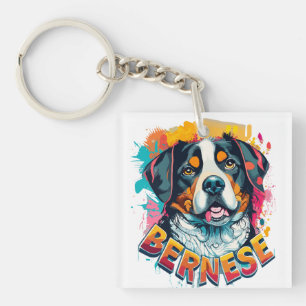 Bernese Mountain Dog Head Vibrant Colour Splash Keychain