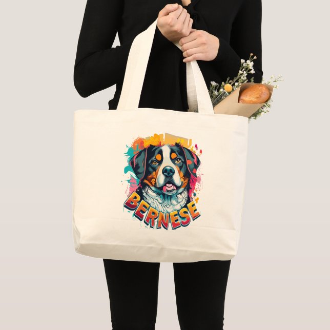 Bernese Mountain Dog Head Vibrant Colour Splash Large Tote Bag (Front (Product))