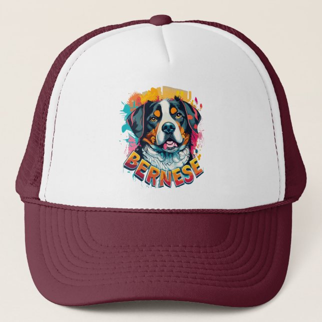Bernese Mountain Dog Head Vibrant Colour Splash Trucker Hat (Front)