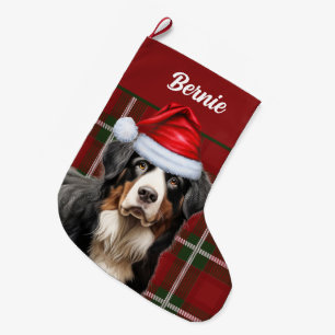 Bernese Mountain Dog Holiday Plaid with Dog's Name Large Christmas Stocking