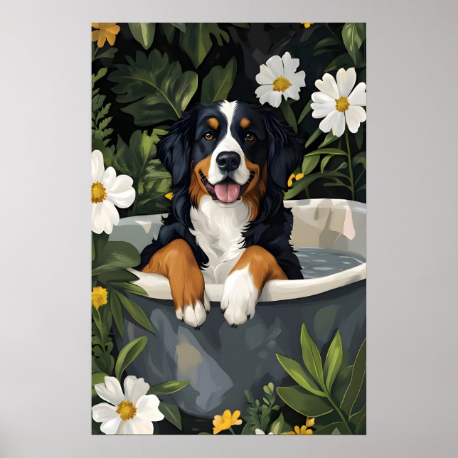 Bernese Mountain Dog In Bathtub Poster, Funny Dog Poster (Front)