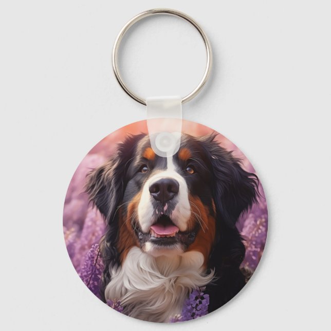 Bernese Mountain Dog in lavenders Keychain (Front)