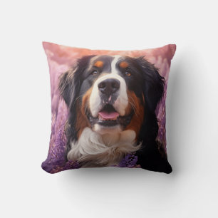 Bernese Mountain Dog in lavenders Throw Pillow