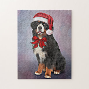 Bernese Mountain Dog in red hat of Santa Claus Jigsaw Puzzle