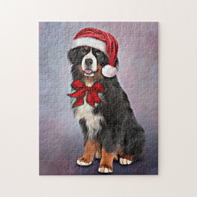 Bernese Mountain Dog in red hat of Santa Claus Jigsaw Puzzle (Vertical)