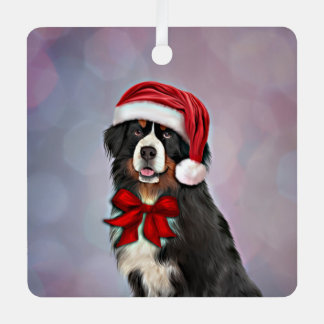 Bernese Mountain Dog in red hat of Santa Claus Metal Ornament