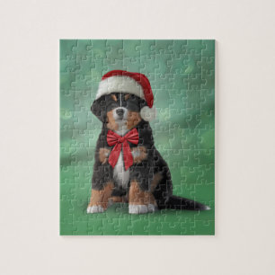 Bernese Mountain Dog in red hat of Santa Jigsaw Puzzle