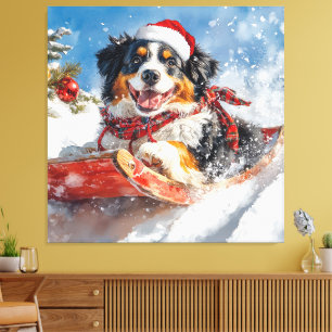 Bernese Mountain Dog in Sledge Christmas Canvas Print