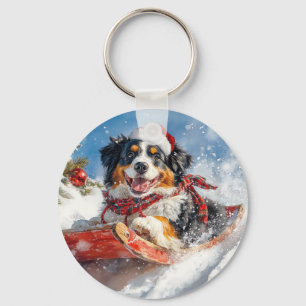 Bernese Mountain Dog in Sledge Christmas Keychain