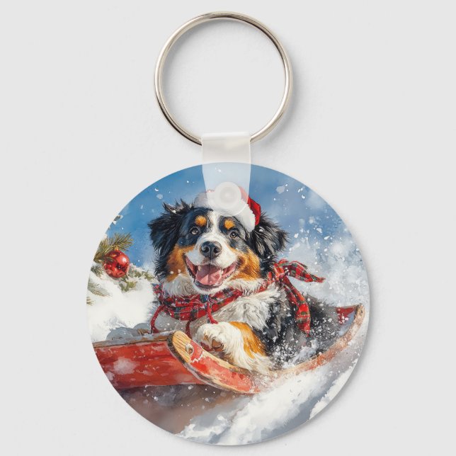 Bernese Mountain Dog in Sledge Christmas Keychain (Front)