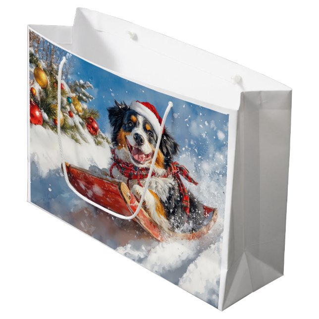 Bernese Mountain Dog in Sledge Christmas Large Gift Bag (Front Angled)