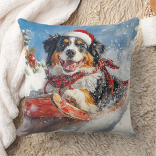 Bernese Mountain Dog in Sledge Christmas Throw Pillow