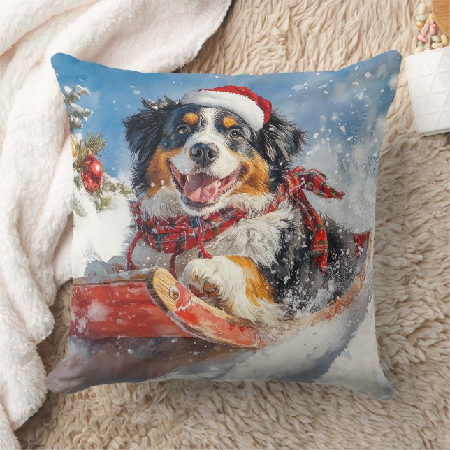Bernese Mountain Dog in Sledge Christmas Throw Pillow (Blanket)