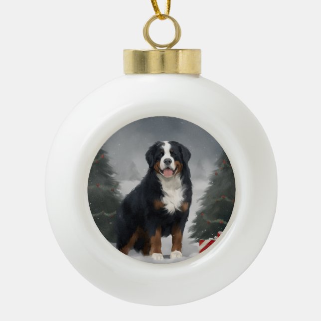Bernese Mountain Dog in Snow Christmas  Ceramic Ball Christmas Ornament (Front)