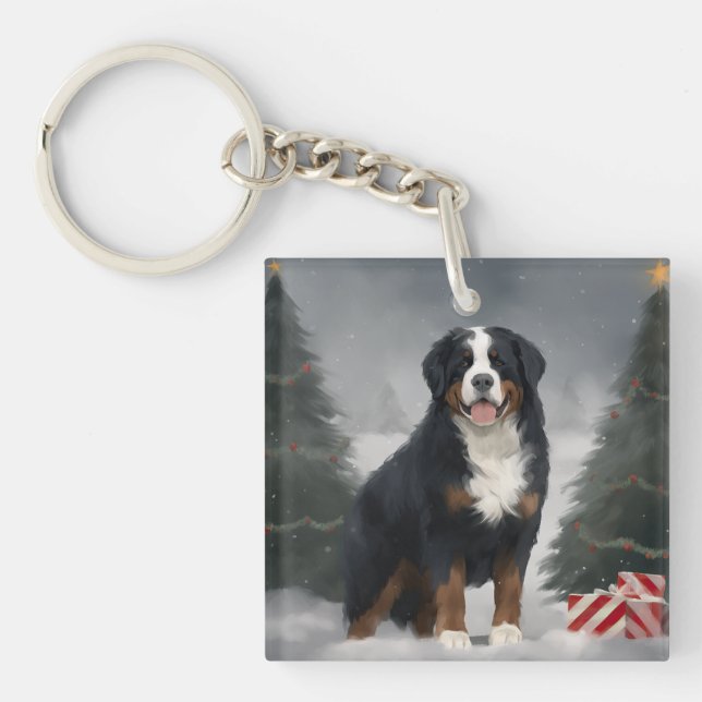 Bernese Mountain Dog in Snow Christmas  Keychain (Front)
