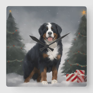 Bernese Mountain Dog in Snow Christmas  Square Wall Clock