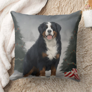 Bernese Mountain Dog in Snow Christmas Throw Pillow