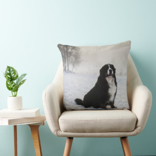 bernese mountain dog in snow throw pillow
