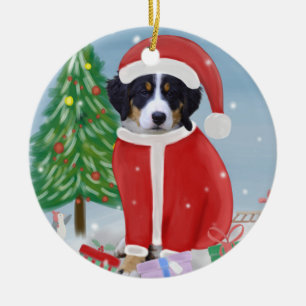 Bernese Mountain Dog in Snow with Christmas Gifts  Ceramic Ornament
