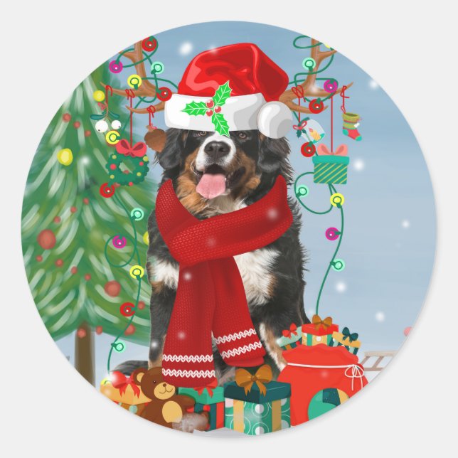 Bernese Mountain Dog in Snow with Christmas Gifts  Classic Round Sticker (Front)