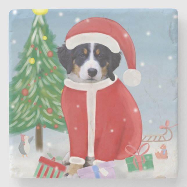 Bernese Mountain Dog in Snow with Christmas Gifts  Stone Coaster (Front)