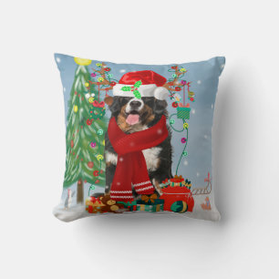 Bernese Mountain Dog in Snow with Christmas Gifts Throw Pillow