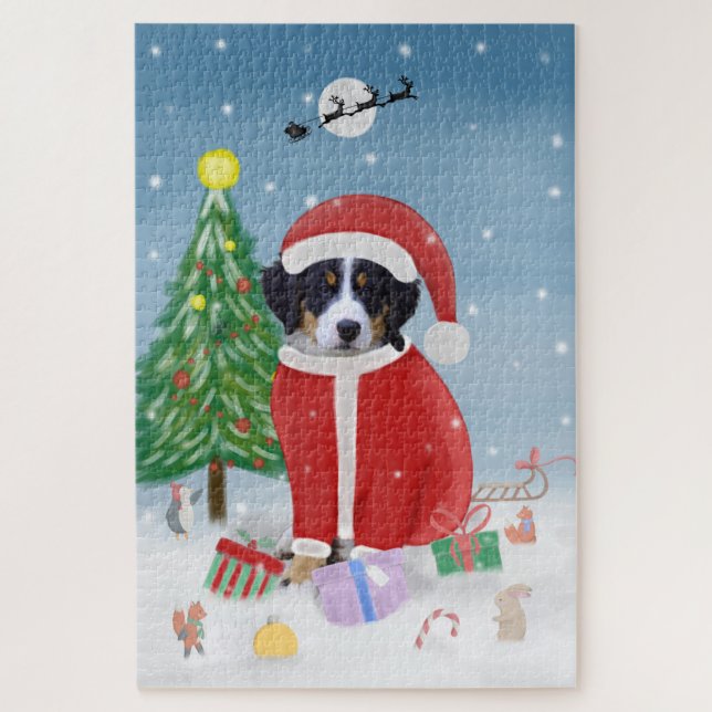 Bernese Mountain dog in Snow with Christmas Tree Jigsaw Puzzle (Vertical)