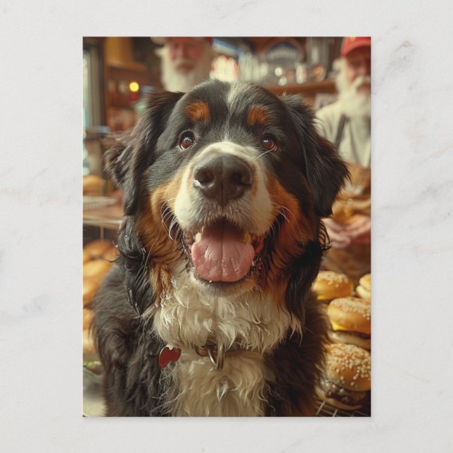 Bernese Mountain Dog in the Cheeseburger Shop Postcard (Front)