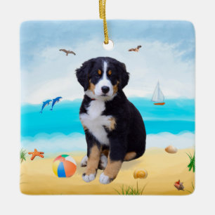 Bernese Mountain Dog on Beach Ceramic Ornament