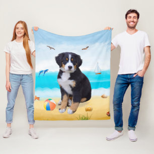 Bernese Mountain Dog on Beach  Fleece Blanket